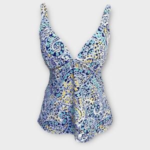 Crown & Ivy Tankini Top Navy Paisley Built-in Bra Bikini Top Size S